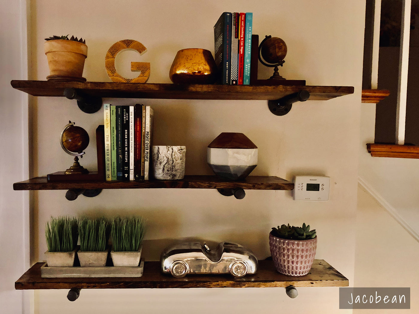 Industrial Style Floating Shelf with Steel Pipe Brackets